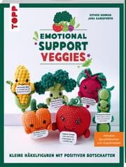 Cover von Emotional Support Veggies. Kleine Häkelfiguren mit positiven Botschaften