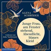 Cover von Junge Frau, am Fenster stehend, Abendlicht, blaues Kleid
