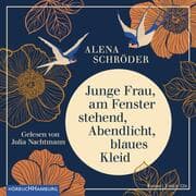 Cover von Junge Frau, am Fenster stehend, Abendlicht, blaues Kleid