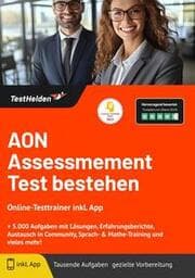 Cover von AON Assessmement Test bestehen: Online-Testtrainer inkl. App - + 5.000 Aufgaben mit Lösungen, Erfahrungsberichte, Austausch in Community, Sprach- & Mathe-Training und vieles mehr!