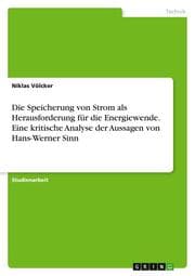 Cover von Die Speicherung von Strom als Herausforderung für die Energiewende. Eine kritische Analyse der Aussagen von Hans-Werner Sinn