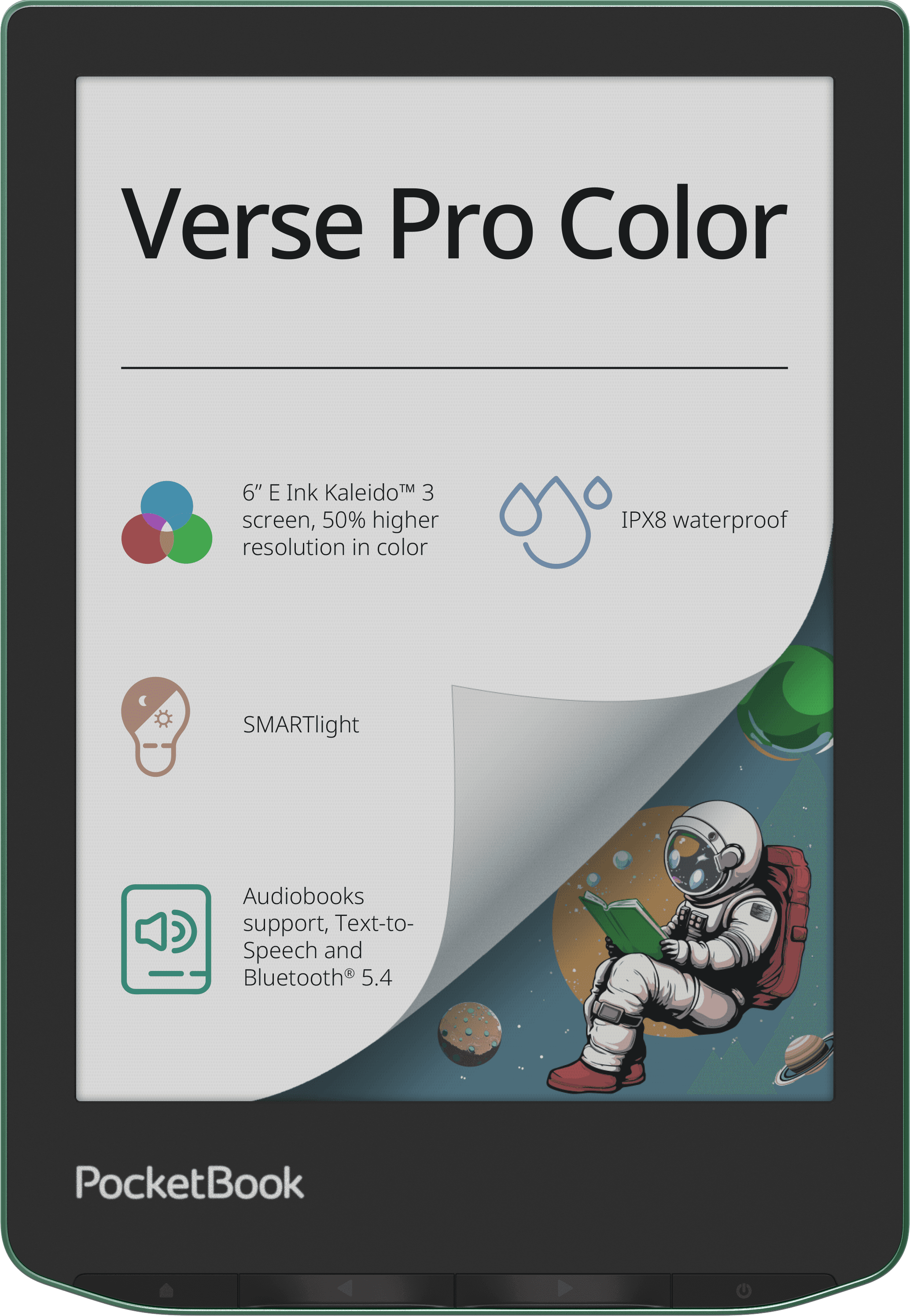 E-Reader "Verse Color Pro". Auf dem Bildschirm sind die technischen Angaben des Geräts aufgeführt. Ein angedeutetes Umblättern zeig das Farbdisplay darunter. E-Reader "Verse Color Pro". Auf dem Bildschirm sind die technischen Angaben des Geräts aufgeführt. Ein angedeutetes Umblättern zeig das Farbdisplay darunter.